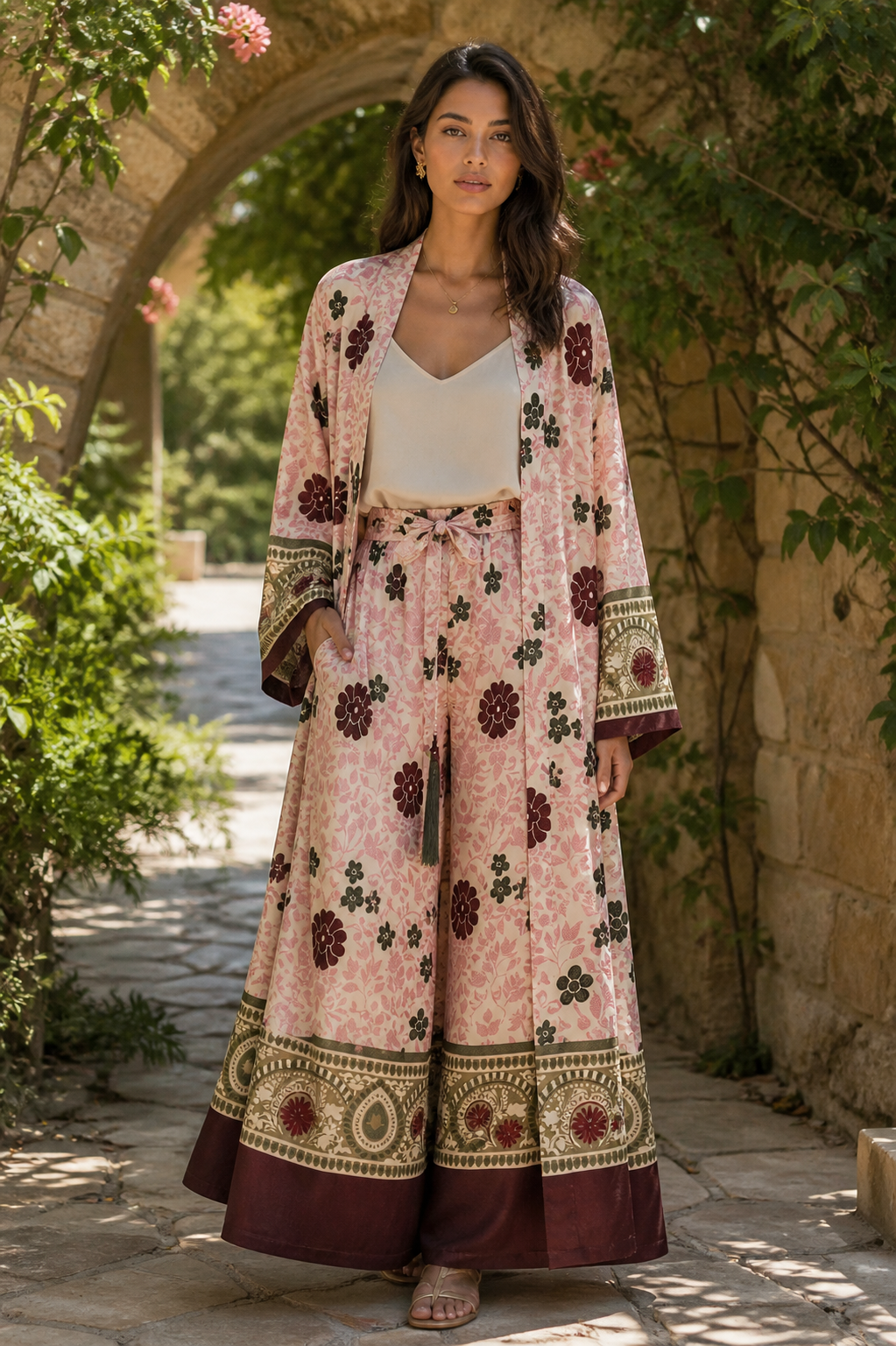 Blush Pink Floral Kimono & Wide-Leg Pants Set
