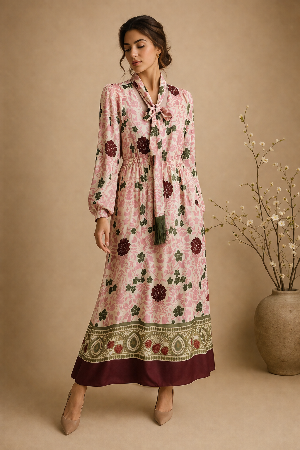 Blush Floral Tie-Neck Midi Dress. made in italy