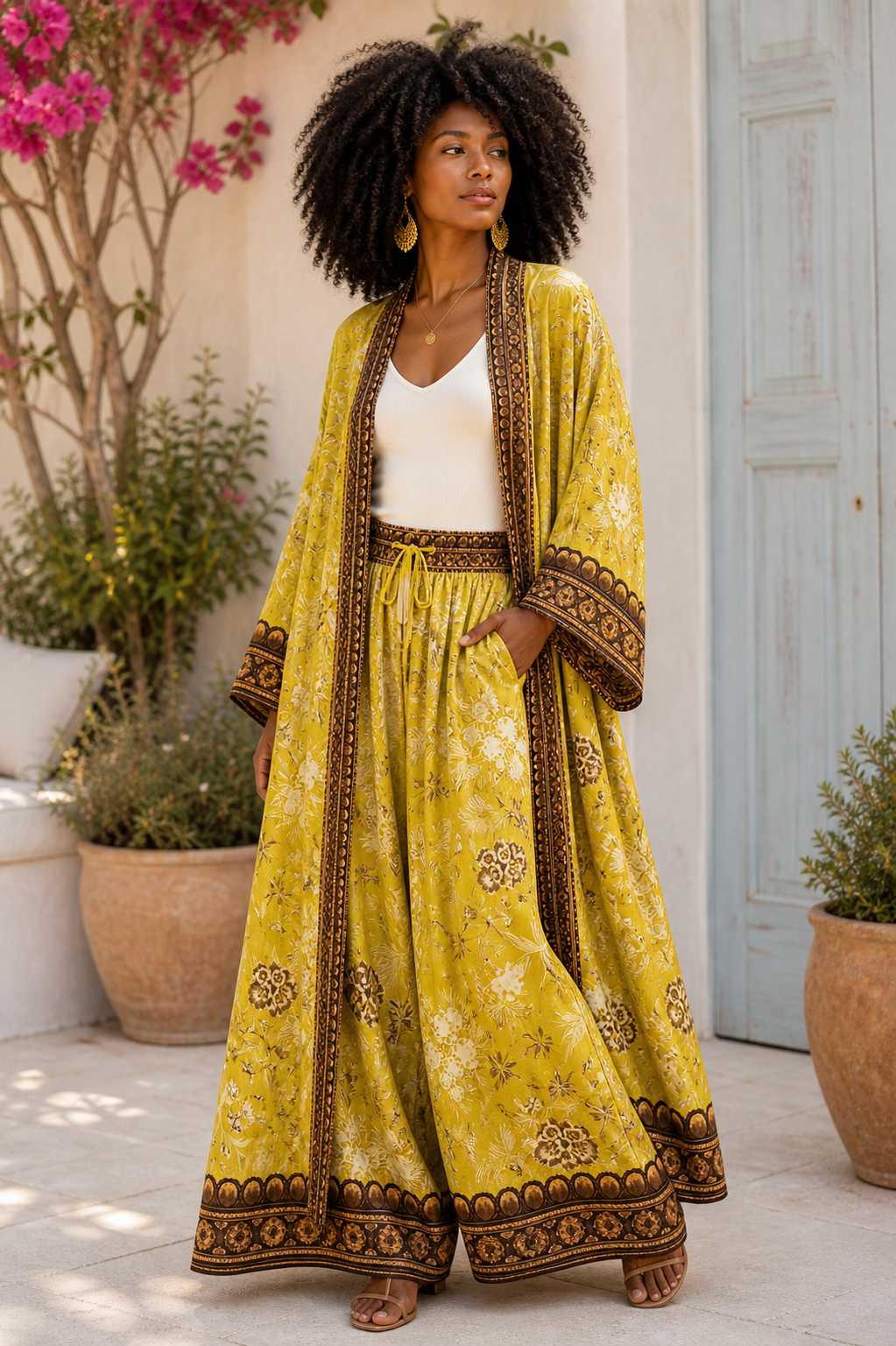 Golden Saffron Viscose Kimono Set – Made in Italy