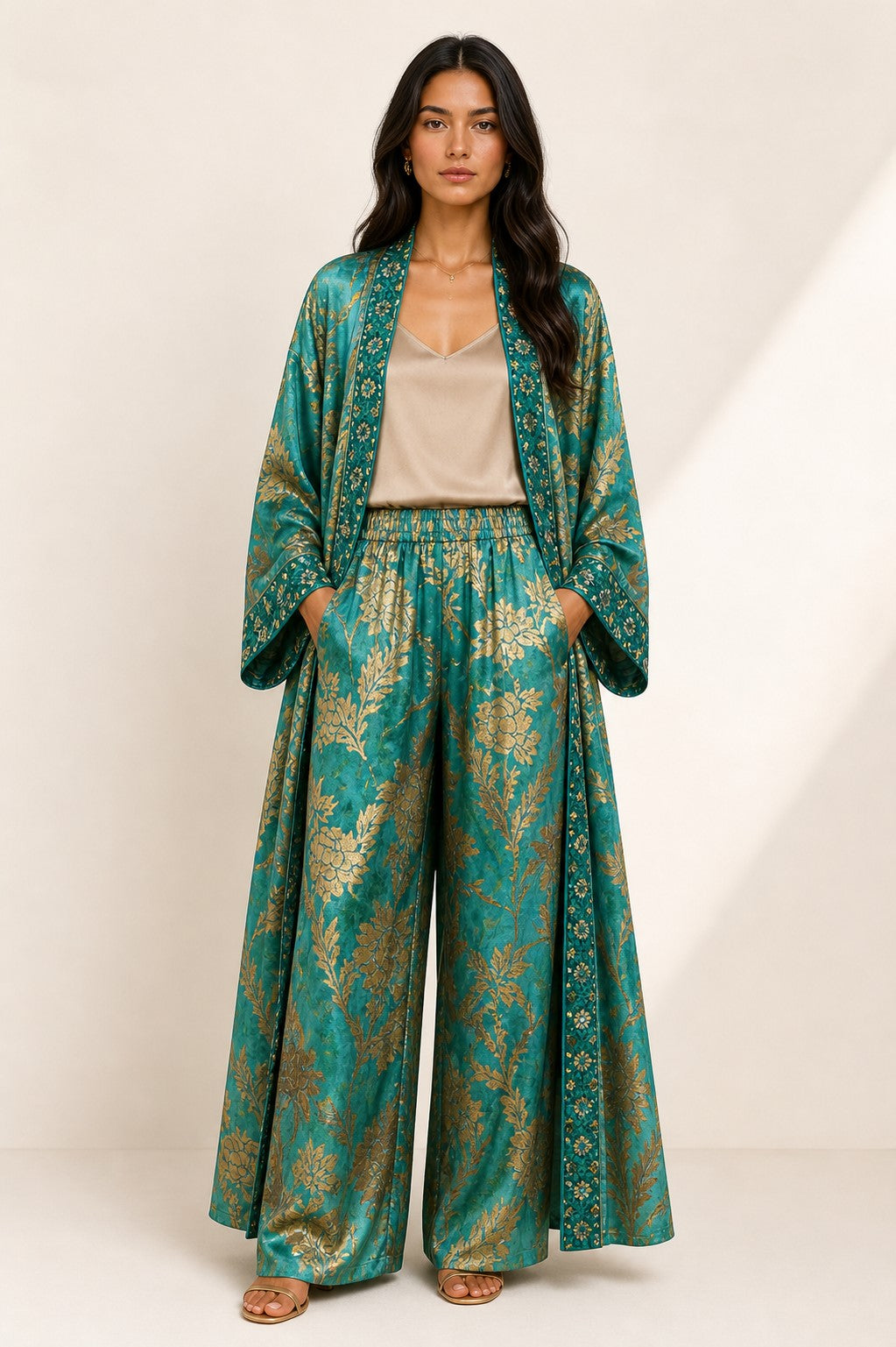 Long Teal green Gold Luxe Kimono Set
