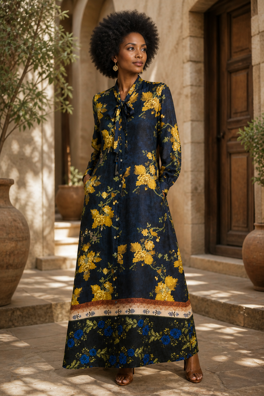Midnight Navy Floral Tie-Neck Dress. Made in italy
