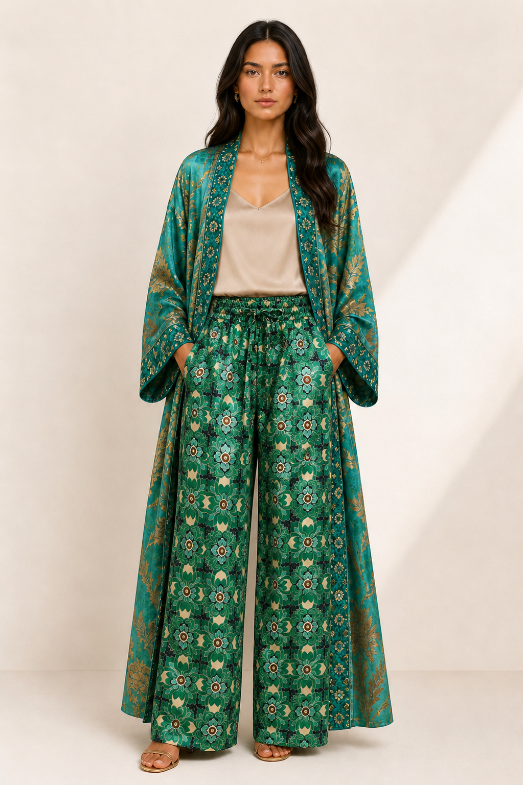 Long Teal green Gold Luxe Kimono Set