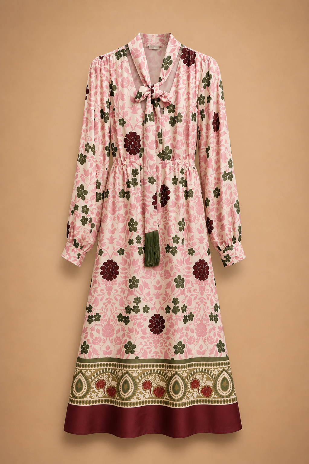 Blush Floral Tie-Neck Midi Dress. made in italy