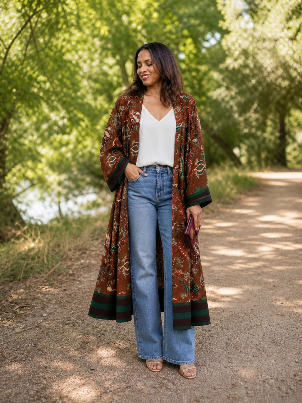 Earthy-burgendy Floral Long Kimono. Made in italy