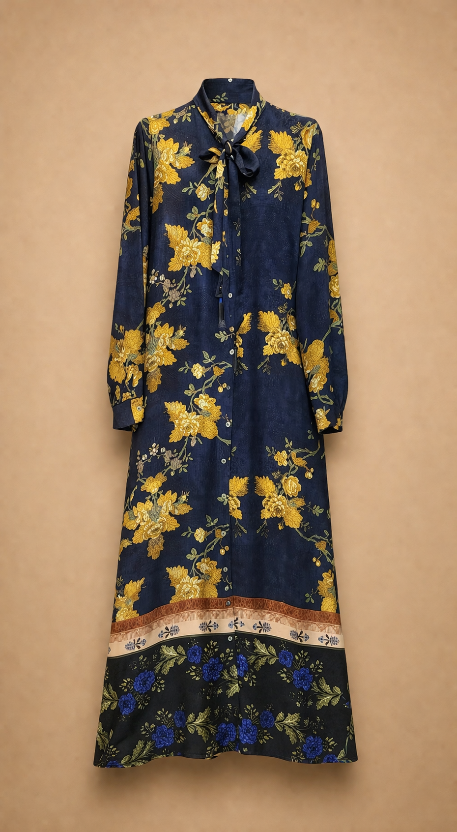 Midnight Navy Floral Tie-Neck Dress. Made in italy