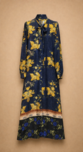 Midnight Navy Floral Tie-Neck Dress. Made in italy