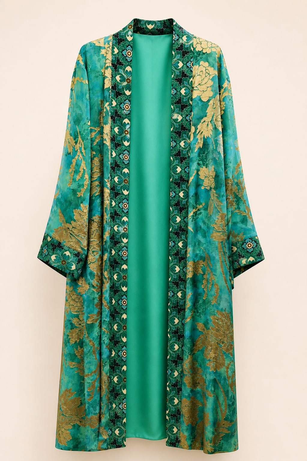 Long Teal green Gold Luxe Kimono Set