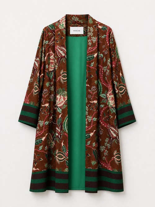 Earthy-burgendy Floral Long Kimono. Made in italy