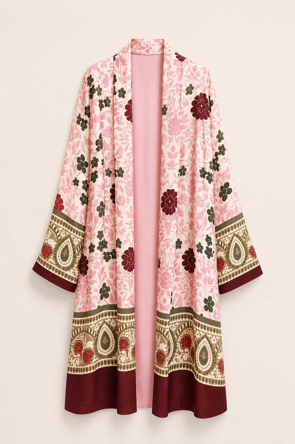 Blush Pink Floral Kimono & Wide-Leg Pants Set